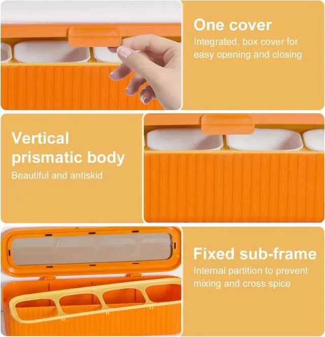 Alt view image 5 of 7 - Clear Seasoning Box, 4 Packs Seasoning Rack Spice Pots, Condiment Jars Seasoning Box with Clear Covers and Spoons for Spice, Sugar, Salt, Pepper, Garlic Powder (Orange)