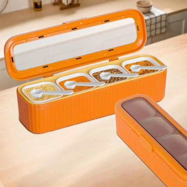 Alt view image 6 of 7 - Clear Seasoning Box, 4 Packs Seasoning Rack Spice Pots, Condiment Jars Seasoning Box with Clear Covers and Spoons for Spice, Sugar, Salt, Pepper, Garlic Powder (Orange)
