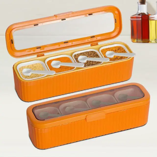 Alt view image 7 of 7 - Clear Seasoning Box, 4 Packs Seasoning Rack Spice Pots, Condiment Jars Seasoning Box with Clear Covers and Spoons for Spice, Sugar, Salt, Pepper, Garlic Powder (Orange)
