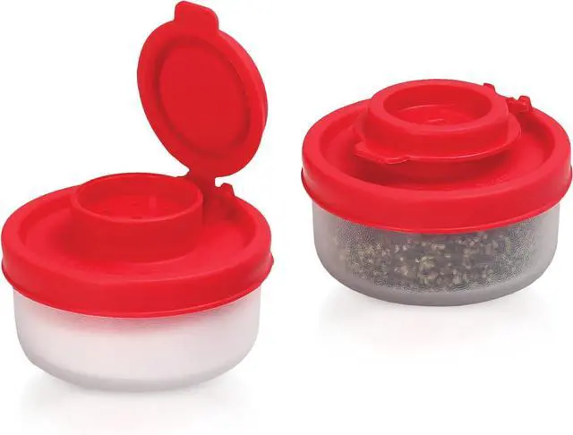 Main image of SIGNORAWARE Salt and Pepper Shakers Moisture Proof Set of 2 Small Mini Salt Shaker to go Camping Picnic Outdoors Kitchen Lunch Boxes Travel Spice Set Clear with Red Covers Plastic Airtight Dispenser