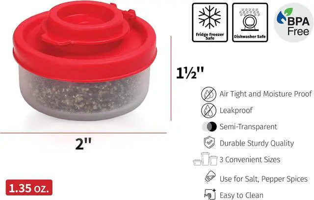 Alt view image 6 of 6 - SIGNORAWARE Salt and Pepper Shakers Moisture Proof Set of 2 Small Mini Salt Shaker to go Camping Picnic Outdoors Kitchen Lunch Boxes Travel Spice Set Clear with Red Covers Plastic Airtight Dispenser