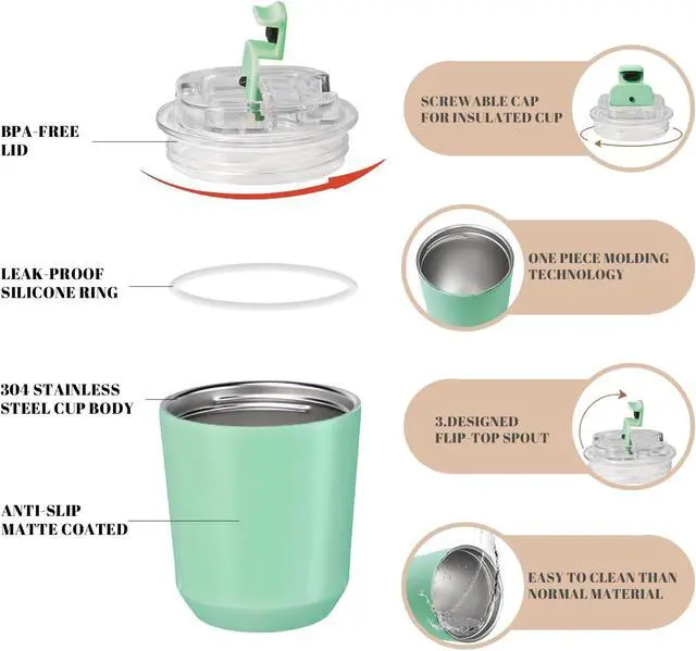 Alt view image 4 of 7 - Puraville 10 oz Insulated Stainless Steel Tumblers with Lid | Travel Coffee Mug Vacuum Cup, Leak Proof Reusable Double Walled Coffee Tumbler for Iced and Hot Drinks, Green
