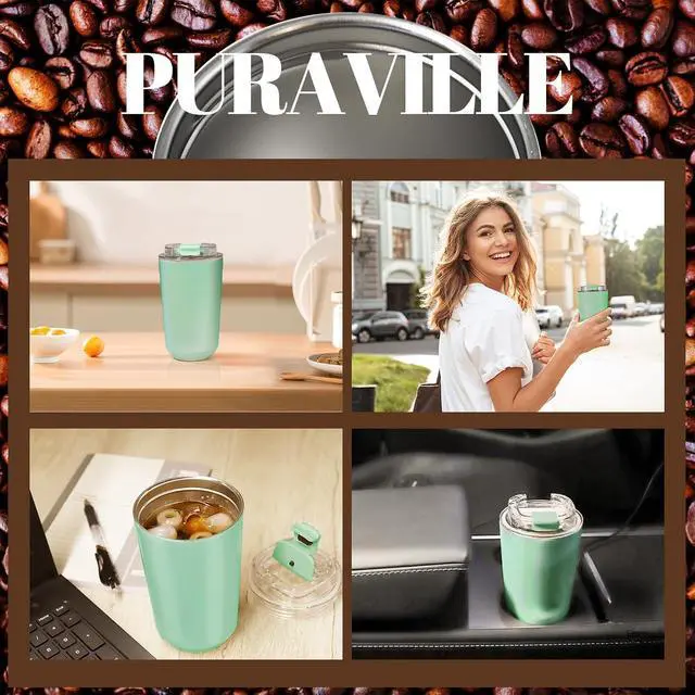 Alt view image 7 of 7 - Puraville 10 oz Insulated Stainless Steel Tumblers with Lid | Travel Coffee Mug Vacuum Cup, Leak Proof Reusable Double Walled Coffee Tumbler for Iced and Hot Drinks, Green