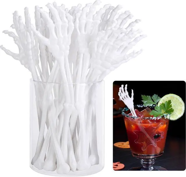 Main image of RunNico 25 Pcs 5.9''x1.5'' Halloween Skeleton Cocktail Stirrers, Reusable Skeleton Hand Swizzle Sticks, Halloween Plastic Drink Stirrer for Home Bar Horror Party Table Decorations Photo Props