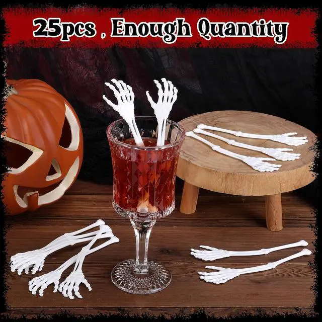 Alt view image 4 of 7 - RunNico 25 Pcs 5.9''x1.5'' Halloween Skeleton Cocktail Stirrers, Reusable Skeleton Hand Swizzle Sticks, Halloween Plastic Drink Stirrer for Home Bar Horror Party Table Decorations Photo Props