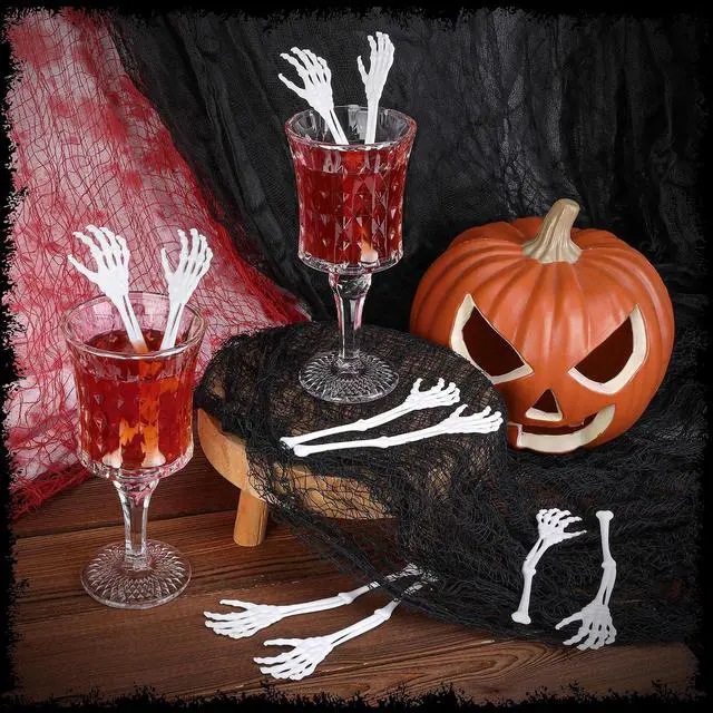 Alt view image 5 of 7 - RunNico 25 Pcs 5.9''x1.5'' Halloween Skeleton Cocktail Stirrers, Reusable Skeleton Hand Swizzle Sticks, Halloween Plastic Drink Stirrer for Home Bar Horror Party Table Decorations Photo Props
