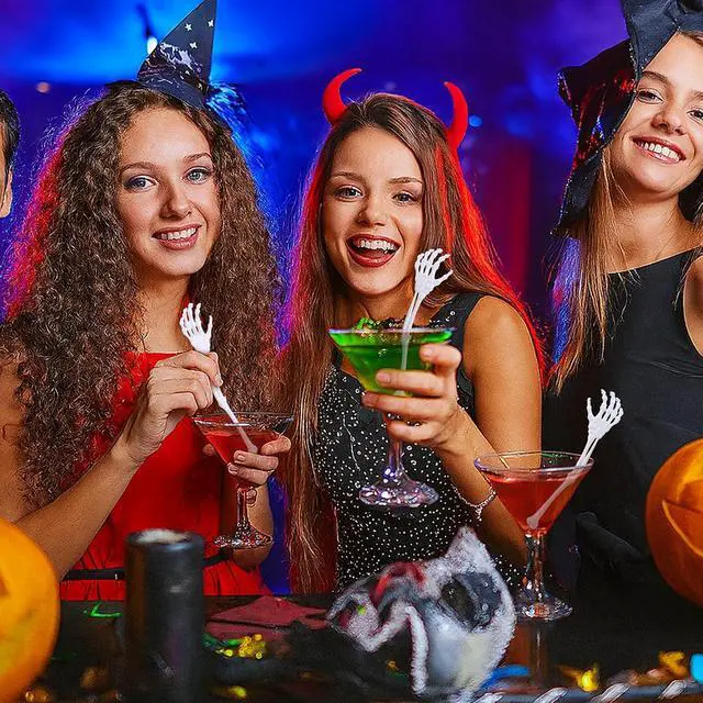 Alt view image 6 of 7 - RunNico 25 Pcs 5.9''x1.5'' Halloween Skeleton Cocktail Stirrers, Reusable Skeleton Hand Swizzle Sticks, Halloween Plastic Drink Stirrer for Home Bar Horror Party Table Decorations Photo Props