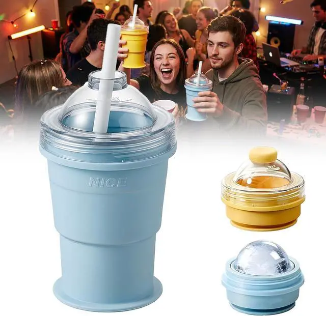 Main image of 2026 Portable Foldable Ice Hockey Drink Cup With Ice Ball Mold, Silicone Ice Cube Beverage Cup, Summer Cold Drink Cup, Suitable For Coffee, Beverages, Juice, Beer, And Whiskey. (Blue)