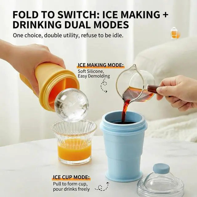 Alt view image 2 of 7 - 2026 Portable Foldable Ice Hockey Drink Cup With Ice Ball Mold, Silicone Ice Cube Beverage Cup, Summer Cold Drink Cup, Suitable For Coffee, Beverages, Juice, Beer, And Whiskey. (Blue)