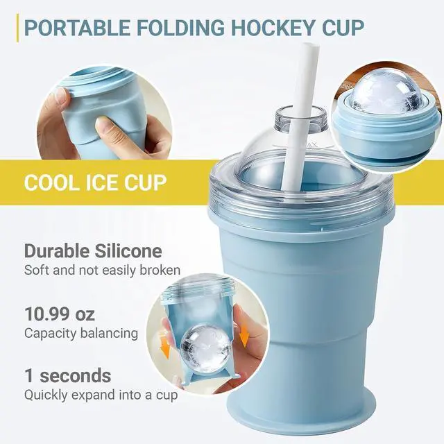 Alt view image 3 of 7 - 2026 Portable Foldable Ice Hockey Drink Cup With Ice Ball Mold, Silicone Ice Cube Beverage Cup, Summer Cold Drink Cup, Suitable For Coffee, Beverages, Juice, Beer, And Whiskey. (Blue)