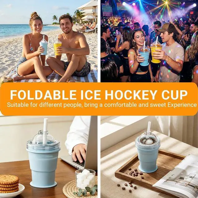 Alt view image 5 of 7 - 2026 Portable Foldable Ice Hockey Drink Cup With Ice Ball Mold, Silicone Ice Cube Beverage Cup, Summer Cold Drink Cup, Suitable For Coffee, Beverages, Juice, Beer, And Whiskey. (Blue)