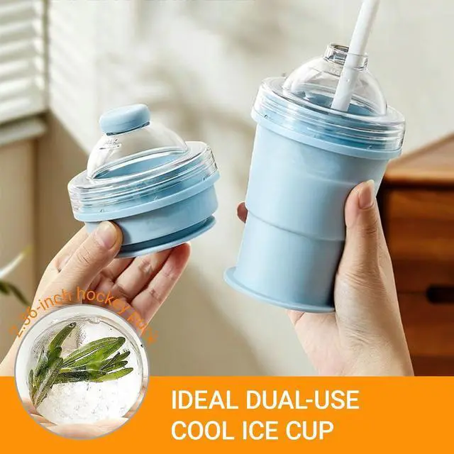 Alt view image 6 of 7 - 2026 Portable Foldable Ice Hockey Drink Cup With Ice Ball Mold, Silicone Ice Cube Beverage Cup, Summer Cold Drink Cup, Suitable For Coffee, Beverages, Juice, Beer, And Whiskey. (Blue)