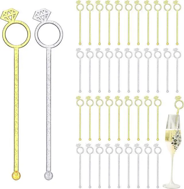 Main image of SiliFine 30 Pcs 6 Inch Diamond Ring Coffee Stirrers Reusable Cocktail Wedding Drink Stirrers Golden Silver Plastic Beverage Swizzle Stick for Wedding Party Festival(Golden, Silver)