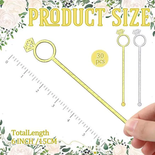 Alt view image 2 of 6 - SiliFine 30 Pcs 6 Inch Diamond Ring Coffee Stirrers Reusable Cocktail Wedding Drink Stirrers Golden Silver Plastic Beverage Swizzle Stick for Wedding Party Festival(Golden, Silver)