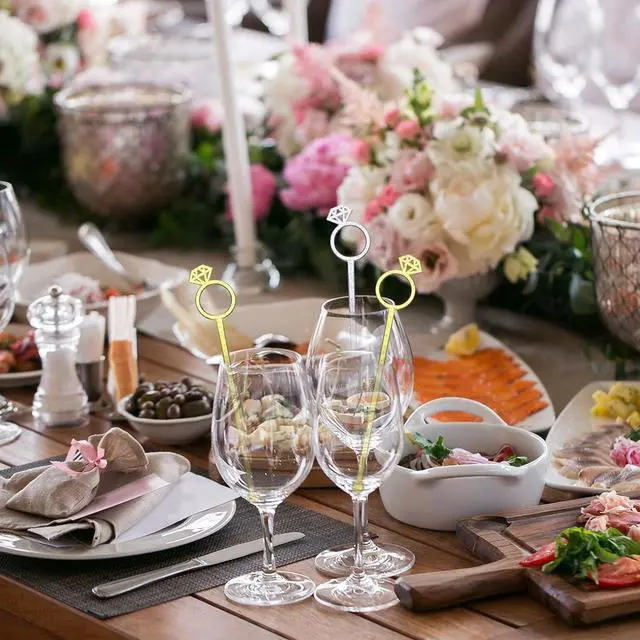 Alt view image 4 of 6 - SiliFine 30 Pcs 6 Inch Diamond Ring Coffee Stirrers Reusable Cocktail Wedding Drink Stirrers Golden Silver Plastic Beverage Swizzle Stick for Wedding Party Festival(Golden, Silver)