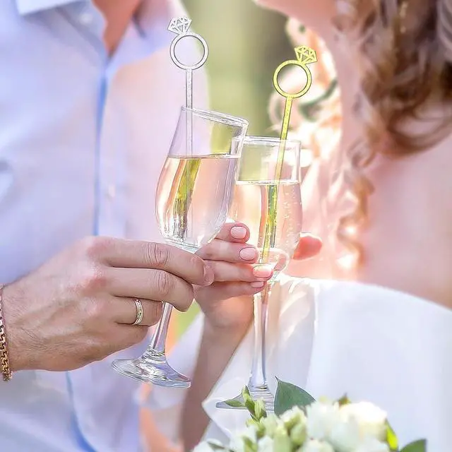 Alt view image 5 of 6 - SiliFine 30 Pcs 6 Inch Diamond Ring Coffee Stirrers Reusable Cocktail Wedding Drink Stirrers Golden Silver Plastic Beverage Swizzle Stick for Wedding Party Festival(Golden, Silver)