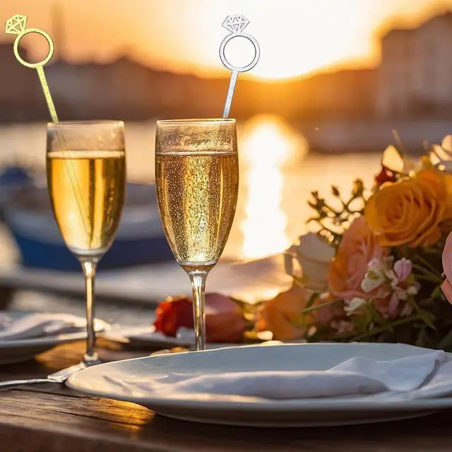 Alt view image 6 of 6 - SiliFine 30 Pcs 6 Inch Diamond Ring Coffee Stirrers Reusable Cocktail Wedding Drink Stirrers Golden Silver Plastic Beverage Swizzle Stick for Wedding Party Festival(Golden, Silver)