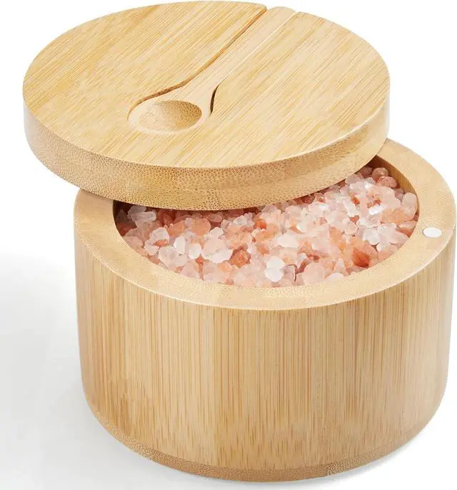 Main image of OUTNILI Salt Box Bowl with Lid and Spoon - Bamboo Salt Cellar with 360° Swivel Lid - Salt Container Holder for Sea Salt Herbs or Favorite Seasonings, 7 Ounce Capacity