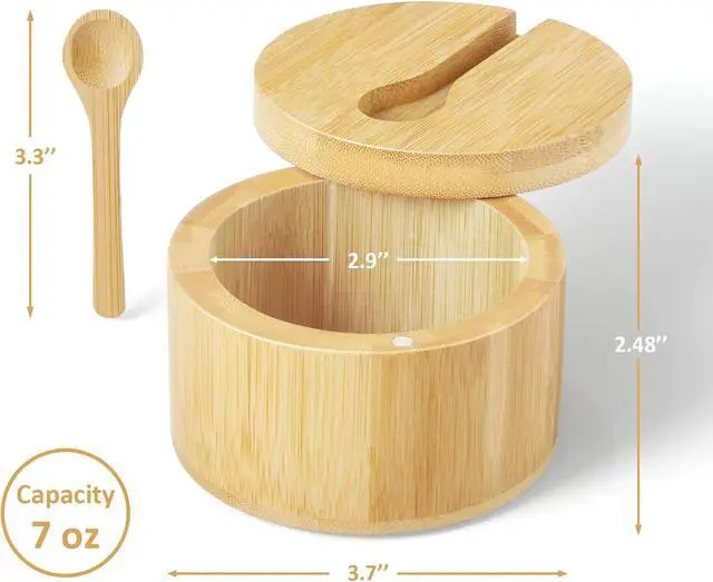 Alt view image 6 of 7 - OUTNILI Salt Box Bowl with Lid and Spoon - Bamboo Salt Cellar with 360° Swivel Lid - Salt Container Holder for Sea Salt Herbs or Favorite Seasonings, 7 Ounce Capacity