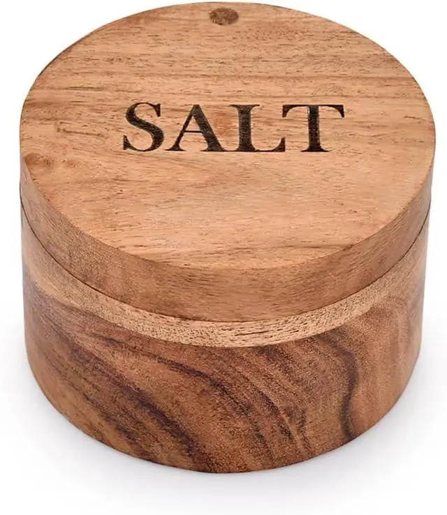 Main image of EDHAS Acacia Wood Round Condiment Pot with Magnetic Swivel Lids for Kitchen Countertop Salt Engraved on Lid (3.5 x 3.5 x 2.5)