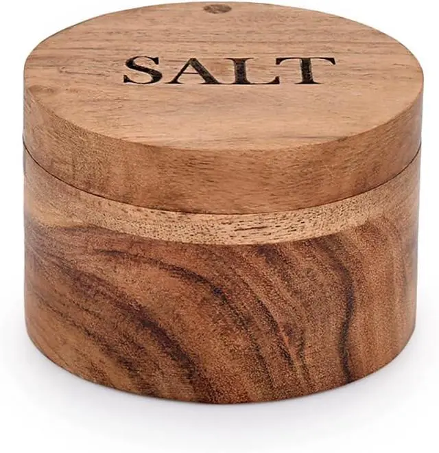 Alt view image 2 of 6 - EDHAS Acacia Wood Round Condiment Pot with Magnetic Swivel Lids for Kitchen Countertop Salt Engraved on Lid (3.5 x 3.5 x 2.5)
