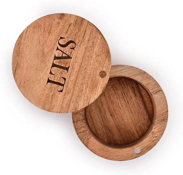 Alt view image 3 of 6 - EDHAS Acacia Wood Round Condiment Pot with Magnetic Swivel Lids for Kitchen Countertop Salt Engraved on Lid (3.5 x 3.5 x 2.5)