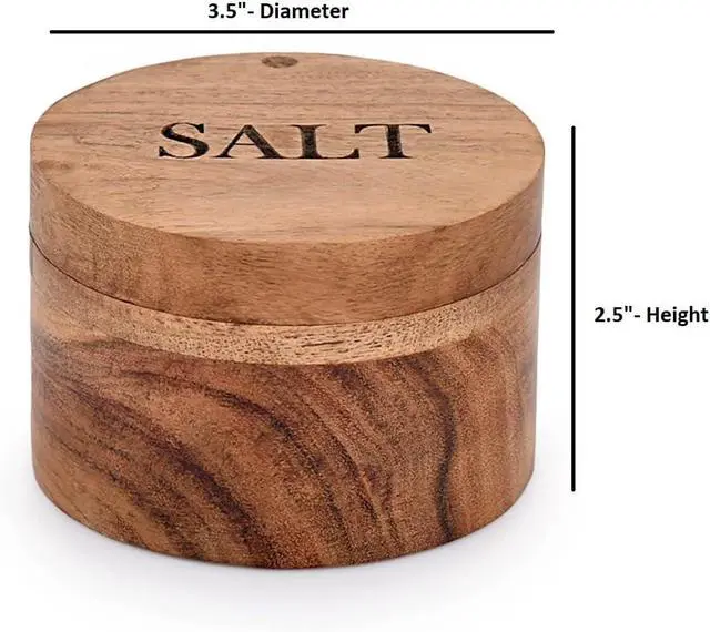 Alt view image 6 of 6 - EDHAS Acacia Wood Round Condiment Pot with Magnetic Swivel Lids for Kitchen Countertop Salt Engraved on Lid (3.5 x 3.5 x 2.5)