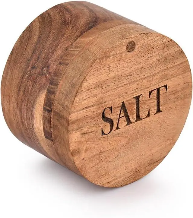 Alt view image 4 of 6 - EDHAS Acacia Wood Round Condiment Pot with Magnetic Swivel Lids for Kitchen Countertop Salt Engraved on Lid (3.5 x 3.5 x 2.5)