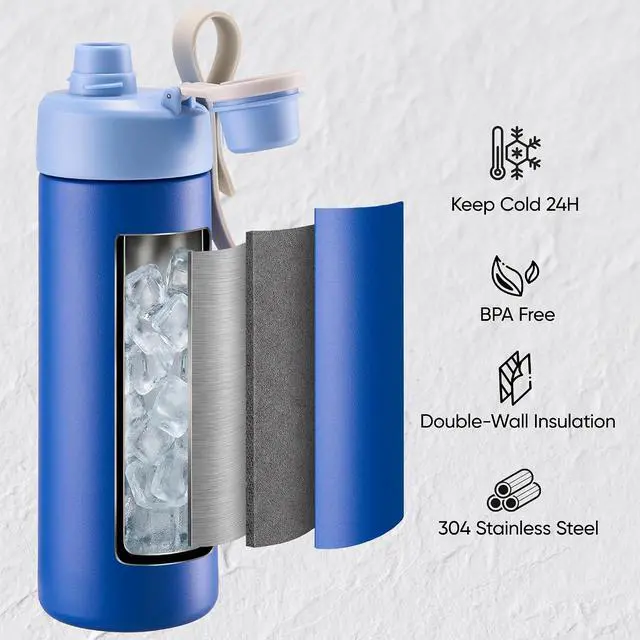 Alt view image 2 of 7 - Fijinhom 18 oz Insulated Water Bottle with Handle, 304 Stainless Steel Double Wall Vacuum, Keep 24H Cold, Leak Proof, BPA-Free,with Lid & Non-Slip Bottom for Outdoor, Sports, Work, Travel (Blue)
