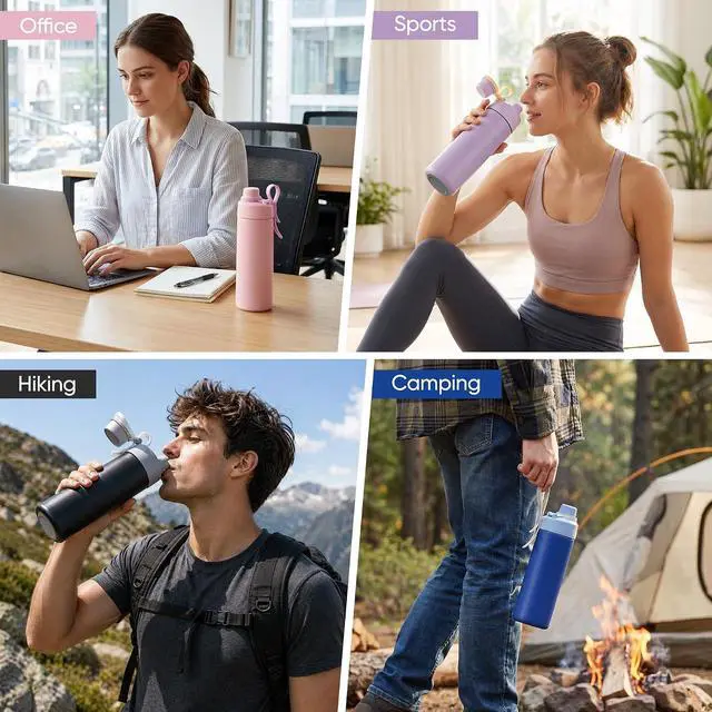 Alt view image 7 of 7 - Fijinhom 18 oz Insulated Water Bottle with Handle, 304 Stainless Steel Double Wall Vacuum, Keep 24H Cold, Leak Proof, BPA-Free,with Lid & Non-Slip Bottom for Outdoor, Sports, Work, Travel (Blue)