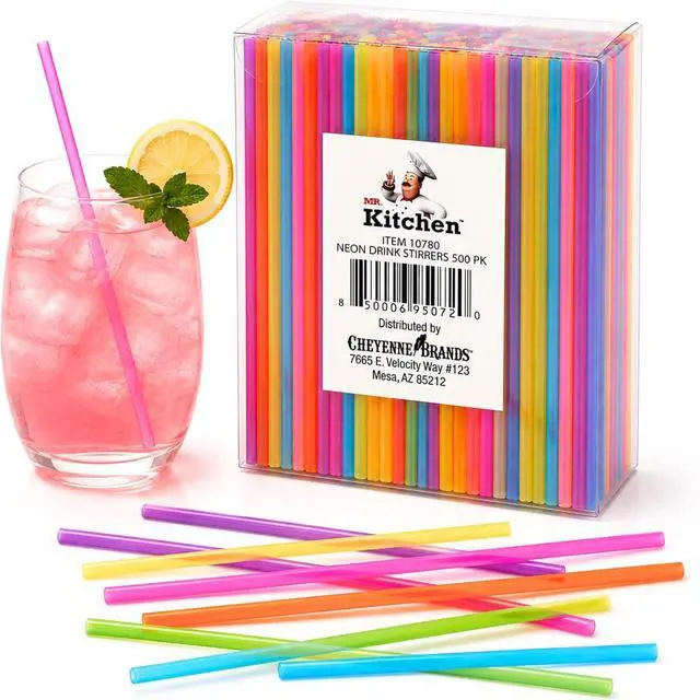 Main image of 500 Pack 5.25 Colorful Neon Drink Stirrers/Straws Plastic Coffee Stirrers, Beverage Stir Sticks for Coffee, Tea, Cocktails, Mixed Drinks, Bars, Cafes, Parties & Office Breakrooms