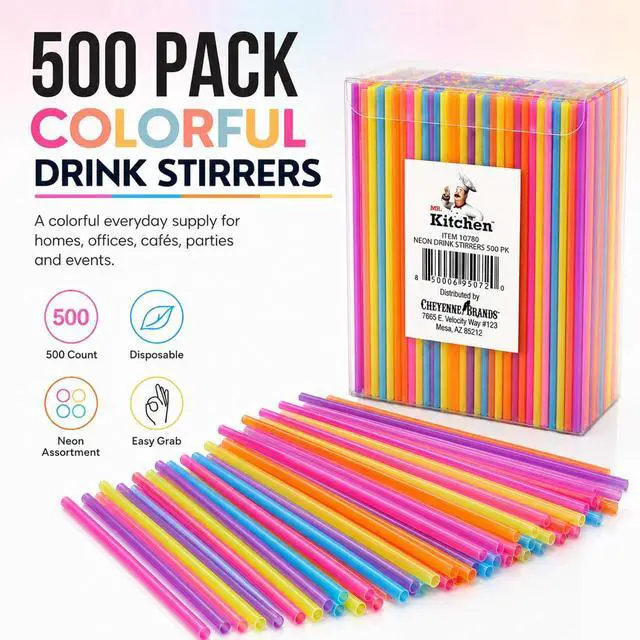 Alt view image 2 of 7 - 500 Pack 5.25 Colorful Neon Drink Stirrers/Straws Plastic Coffee Stirrers, Beverage Stir Sticks for Coffee, Tea, Cocktails, Mixed Drinks, Bars, Cafes, Parties & Office Breakrooms