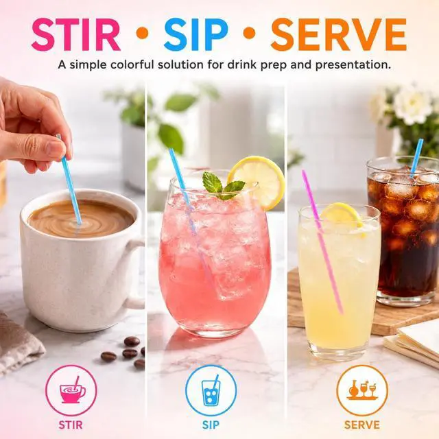Alt view image 5 of 7 - 500 Pack 5.25 Colorful Neon Drink Stirrers/Straws Plastic Coffee Stirrers, Beverage Stir Sticks for Coffee, Tea, Cocktails, Mixed Drinks, Bars, Cafes, Parties & Office Breakrooms