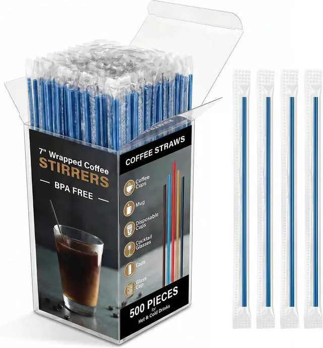 Main image of 500 Pcs Individually Wrapped Coffee Stirrers, Straws (Blue, 7 in) | Made of food-grade polypropylene (PP), BPA-free with thick walls that resist cracking for safe sipping, hot and cold drinks.