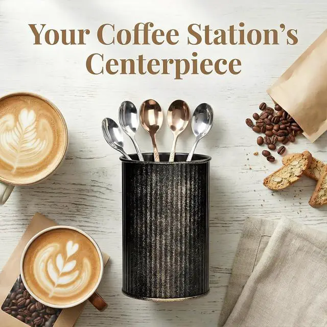 Alt view image 7 of 7 - Metal Coffee Spoon Holder for Coffee Bar, Upright Tea Spoon Holder Cup, Coffee Stirrers Straws Holder, Coffee Stir Stick Holder, Tiny Utensil Holder for Spoons and Forks, Distressed Bronze