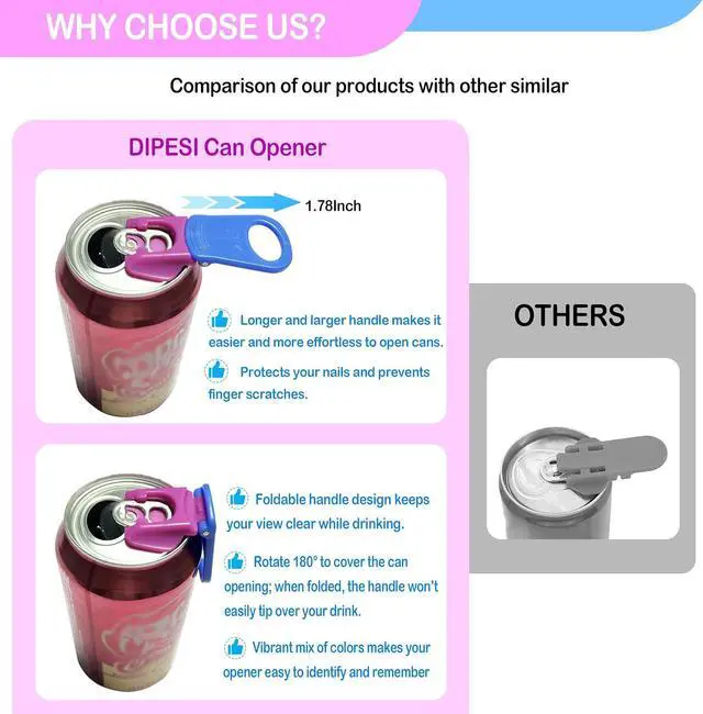 Alt view image 3 of 7 - DIPESI 6 Pack Soda Can Opener and Drink Protector Caps, Pop Tab Opener for Long Nails, Easy Tab Can Opener and Cover, Reusable Soda Can Lids to Keep Bugs and Dust Out, 6 Colors