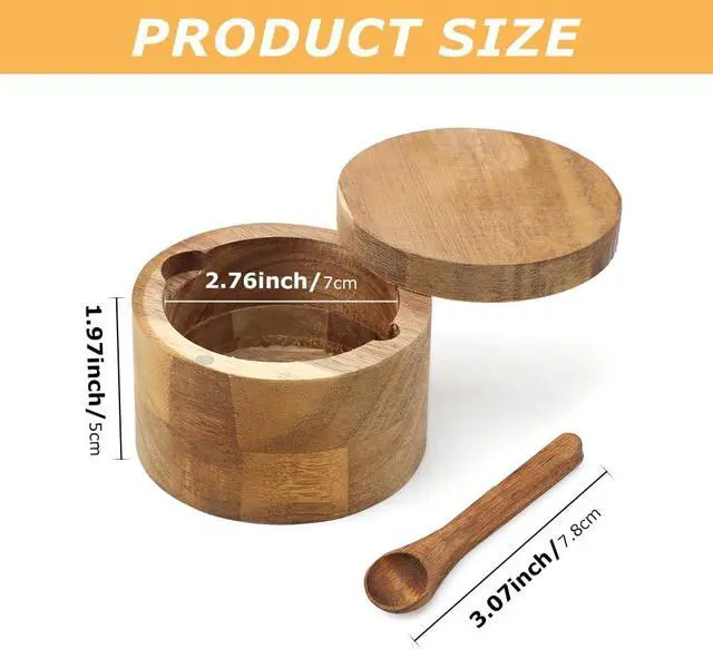 Alt view image 2 of 7 - Saycker Wood Salt and Pepper Bowl, with Swivel Lid and Spoon Round Salt Container Spices Storage Box(7cm/2.76inch Dia)