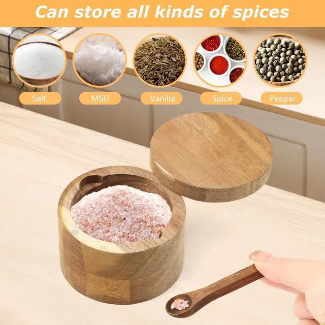 Alt view image 3 of 7 - Saycker Wood Salt and Pepper Bowl, with Swivel Lid and Spoon Round Salt Container Spices Storage Box(7cm/2.76inch Dia)