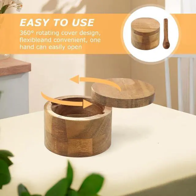Alt view image 6 of 7 - Saycker Wood Salt and Pepper Bowl, with Swivel Lid and Spoon Round Salt Container Spices Storage Box(7cm/2.76inch Dia)