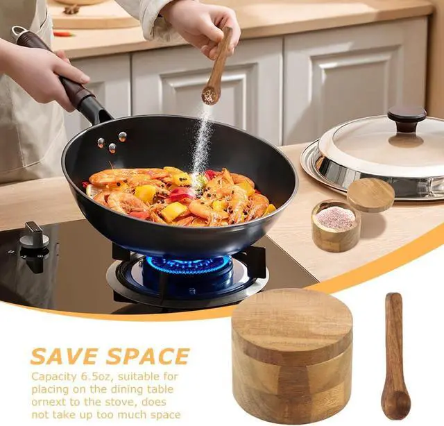 Alt view image 4 of 7 - Saycker Wood Salt and Pepper Bowl, with Swivel Lid and Spoon Round Salt Container Spices Storage Box(7cm/2.76inch Dia)