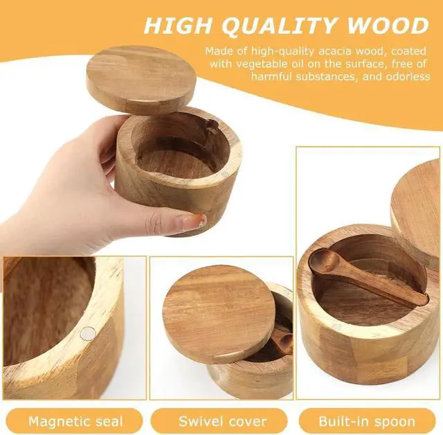 Alt view image 5 of 7 - Saycker Wood Salt and Pepper Bowl, with Swivel Lid and Spoon Round Salt Container Spices Storage Box(7cm/2.76inch Dia)