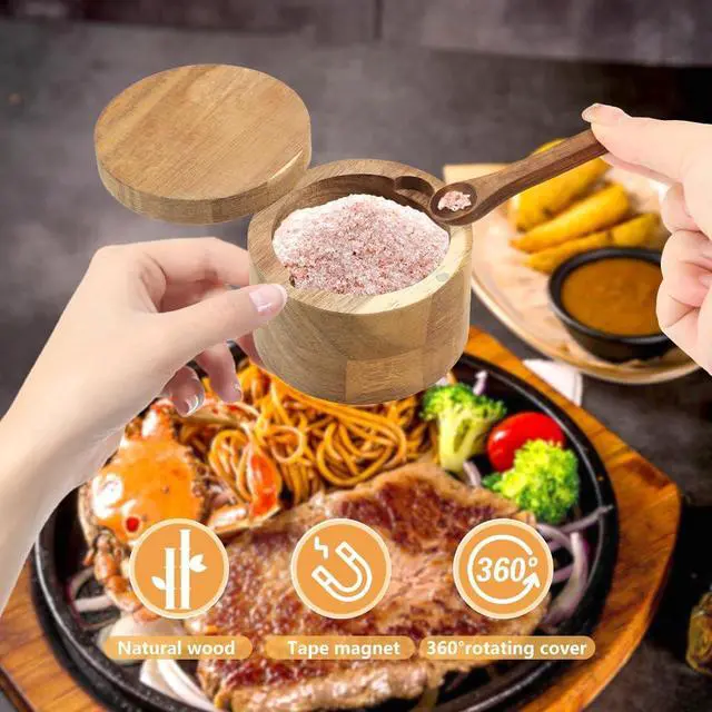 Alt view image 7 of 7 - Saycker Wood Salt and Pepper Bowl, with Swivel Lid and Spoon Round Salt Container Spices Storage Box(7cm/2.76inch Dia)