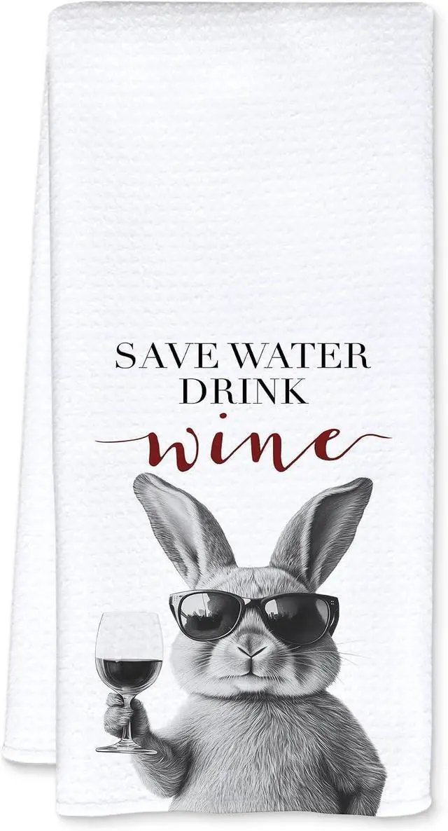 Main image of Funny Bunny Kitchen Towels, Gifts for Bunny Lovers Dish Tea Towels, Save Water Drink Wine Lover Gifts Decorative Bar Towel for Bartender Kitchen, 16x24 Inch