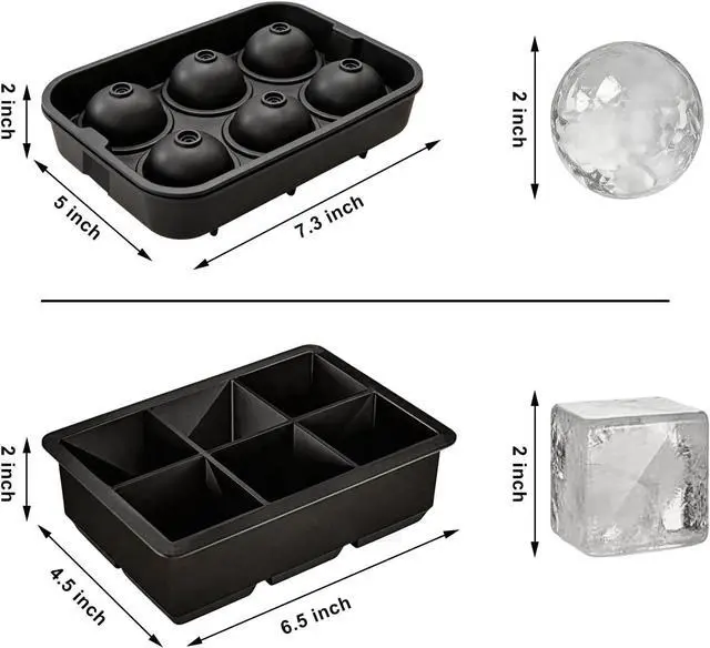 Alt view image 2 of 6 - Silicone Ice Cube Tray 2 Pack, 2 Inches Square and Sphere Ice Cube Molds - BPA Free, Ice Ball Maker Mold for Whiskey, Cocktails, Bourbon - Black