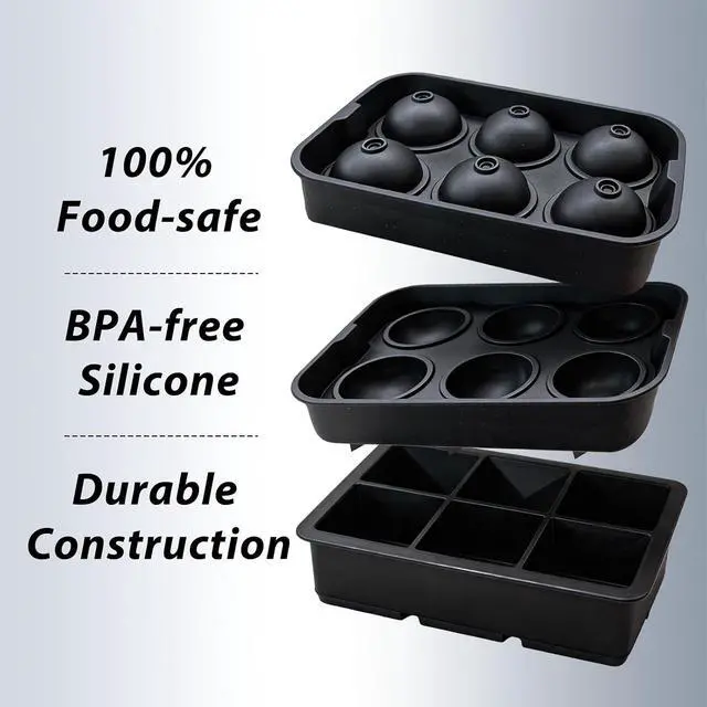 Alt view image 4 of 6 - Silicone Ice Cube Tray 2 Pack, 2 Inches Square and Sphere Ice Cube Molds - BPA Free, Ice Ball Maker Mold for Whiskey, Cocktails, Bourbon - Black