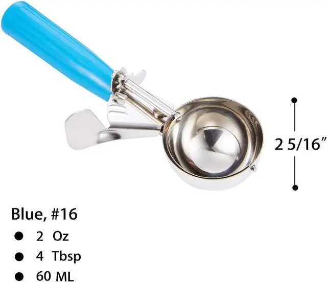 Alt view image 2 of 7 - Portion Scoop - #16 (2 oz) - Disher, Cookie Scoop, Food Scoop - Portion Control - 18/8 Stainless Steel, Blue Handle