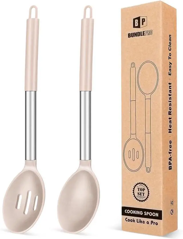 Main image of BUNDLEPRO Silicone Cooking Spoons for Non Stick Cookware, 2 Pack, KHAKI | Heat Resistant, Large Kitchen Spoons for Mixing, Serving, Draining, Stirring