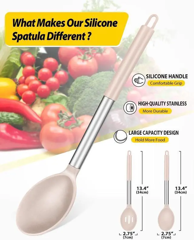 Alt view image 2 of 7 - BUNDLEPRO Silicone Cooking Spoons for Non Stick Cookware, 2 Pack, KHAKI | Heat Resistant, Large Kitchen Spoons for Mixing, Serving, Draining, Stirring