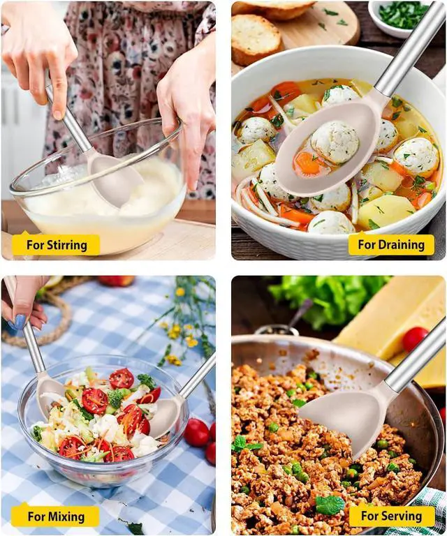 Alt view image 3 of 7 - BUNDLEPRO Silicone Cooking Spoons for Non Stick Cookware, 2 Pack, KHAKI | Heat Resistant, Large Kitchen Spoons for Mixing, Serving, Draining, Stirring