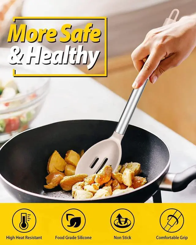 Alt view image 4 of 7 - BUNDLEPRO Silicone Cooking Spoons for Non Stick Cookware, 2 Pack, KHAKI | Heat Resistant, Large Kitchen Spoons for Mixing, Serving, Draining, Stirring
